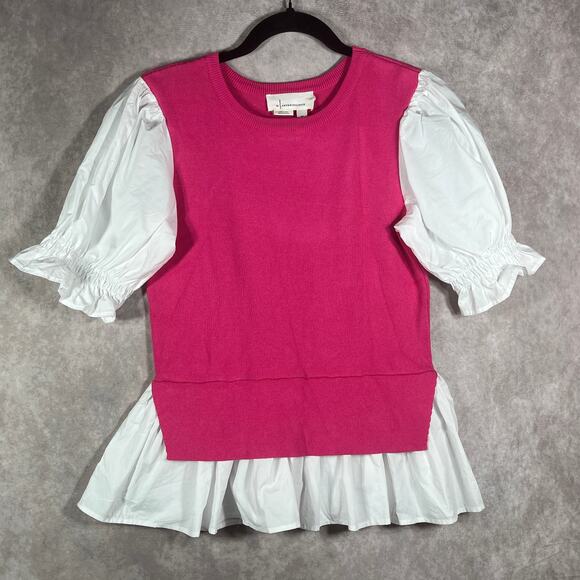 Anthropologie Layered Poplin-Sleeve Sweater Womens‎ XS Pink White Knit Layered - Picture 1 of 10